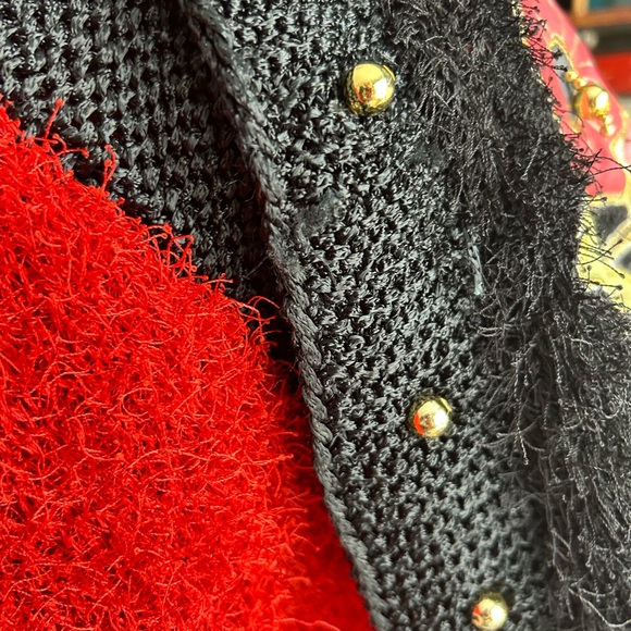 Vintage 80s 90s Red and Black Christmas Floral Patch Teddy Pullover Sweater XXL - Picture 10 of 16